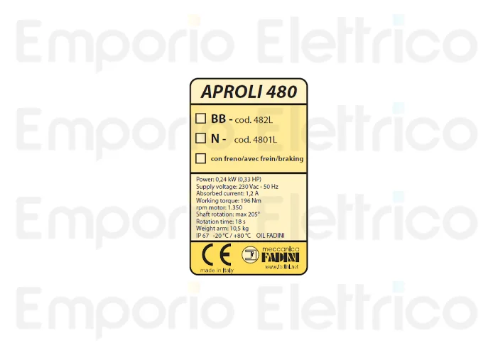 fadini spare part sticker label with technical specifications for aproli 480 48021